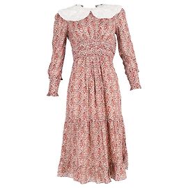 Ba&Sh Peter Pan Collar Printed Midi Dress in Red Polyester Red