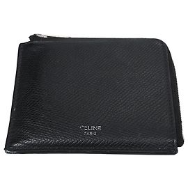 Céline Celine Grained Logo Zip Wallet in Black Leather Black