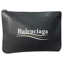 Balenciaga- Balenciaga Logo Campaign Print Zipped Pouch bag in Black Leather-Black