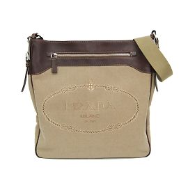 Borsa a spalla in pelle e jacquard Prada VA0649 Beige Marrone scuro