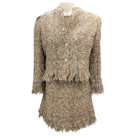 Set giacca e vestito in tweed di lana con frange multicolori Sonia Rykiel Cammello