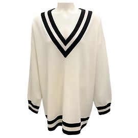 Alice + Olivia Ecru / Schwarz Langärmliger V-Ausschnitt Wollpullover Roh