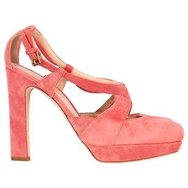 Jil Sander Cross Strap Chunky Heel Platform Pumps in Coral Suede Coral