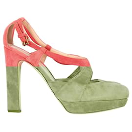 Jil Sander- Jil Sander Cross Strap Chunky Heel Platform Pumps in Coral Suede-Coral