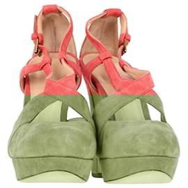 Jil Sander- Jil Sander Cross Strap Chunky Heel Platform Pumps in Coral Suede-Coral