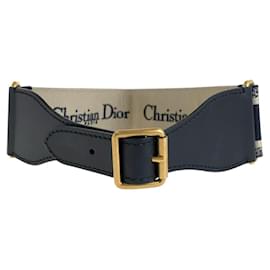 Christian Dior-Dior Embroidery Leather Belt Black Navy Gold-Black