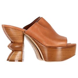 Salvatore Ferragamo Structured Heel Platform Slip-On Sandals in Brown Leather Brown