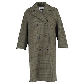 Ganni Double-Breasted Checked Coat in Green Wool Green