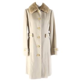 Burberry Angora Wool Long Coat with Rabbit Fur Collar Beige