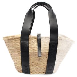 Chloé Chloe Sense Medium Basket Leather Raffia Handbag Beige