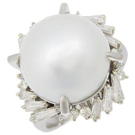 Autre Marque Pearl Diamond Ring Pt900 Platinum Silvery