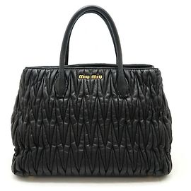 Miu Miu Leather Matelassé Gathered Handbag RN0473 Black
