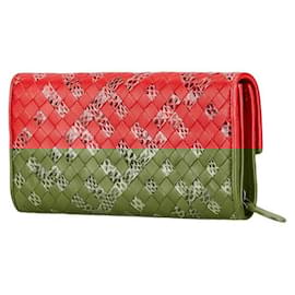 Bottega Veneta-Bottega Veneta Intrecciato Leather Python Long Wallet-Red