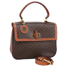 Céline-CELINE Macadam Canvas Hand Bag PVC Leather 2way Brown Gold Auth bs19727-Brown,Golden