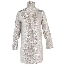 Zadig & Voltaire Half-Zip Mini Long Sleeve Dress in Silver Sequin Silvery Metallic