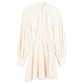 Zimmermann- Zimmermann Lace Mini Button-Down Long Sleeve Dress in Cream Polyester-White,Cream