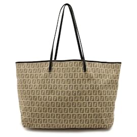 Fendi-Fendi Zucchino Canvas Leather Tote Bag 8BH104-Brown,Beige
