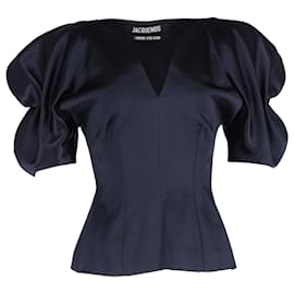 Jacquemus-Jacquemus Puffed Sleeve V-neck Blouse in Navy Blue Satin-Blue,Navy blue