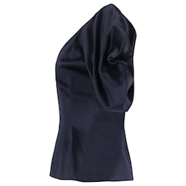 Jacquemus-Jacquemus Puffed Sleeve V-neck Blouse in Navy Blue Satin-Blue,Navy blue
