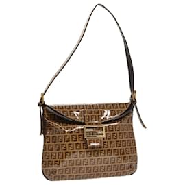 Fendi-FENDI Zucchino Canvas Mamma Baguette Shoulder Bag Enamel Brown Gold Auth 100279-Brown,Golden