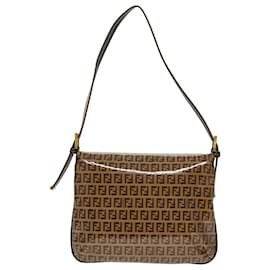 Fendi-FENDI Zucchino Canvas Mamma Baguette Shoulder Bag Enamel Brown Gold Auth 100279-Brown,Golden