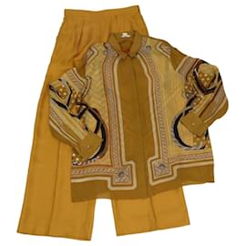 Hermès-Hermes Gold Stripe Polka Dots Printed Longsleeve Shirt & Pants-Golden