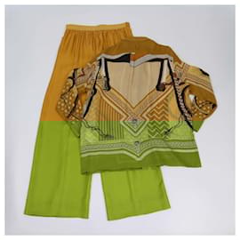 Hermès-Hermes Gold Stripe Polka Dots Printed Longsleeve Shirt & Pants-Golden