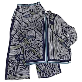 Hermès-Hermes Navy Blue Dots Printed Longsleeve Shirt & Pants-Blue