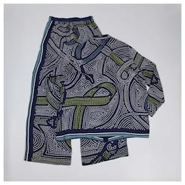 Hermès-Hermes Navy Blue Dots Printed Longsleeve Shirt & Pants-Blue