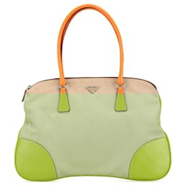 Prada-Tan Prada Cinghiale Trimmed Canvas Canapa Tote-Camel