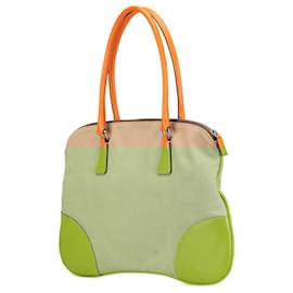 Prada-Tan Prada Cinghiale Trimmed Canvas Canapa Tote-Camel