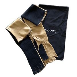 Lange zweifarbige Handschuhe oder Fäustlinge aus Leder + Wolle Gr. 7 Chanel Schwarz Beige
