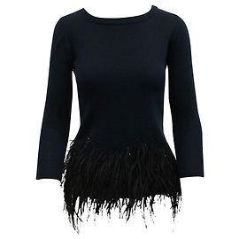 Carolina Herrera Marineblauer Pullover mit schwarzen Federn Blau Marineblau