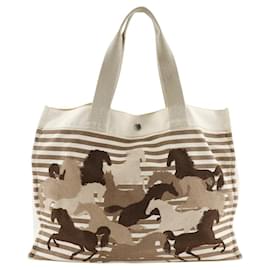 Hermès-Sac tote en toile Chevaux Hermes-Marron