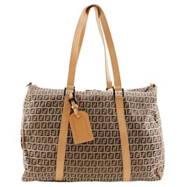 Fendi-Fendi Zucchino Boston Bag Nylon Canvas Leather-Brown