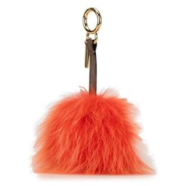 Fendi-Fendi Fur Leather Pom Pom Keychain-Orange