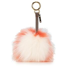 Fendi-Fendi Fur Leather Pom Pom Keychain-Orange