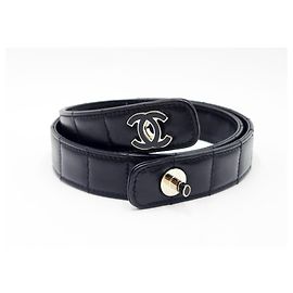Chanel Vintage Chocolate Bar Turnlock Leather Belt Silver Hardware Black