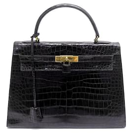 Hermès-VINTAGE HERMES KELLY 32 SELLIER CROCODILE POROSUS BLACK HAND BAG-Black