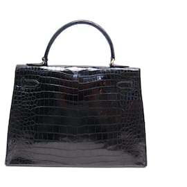 Hermès-VINTAGE HERMES KELLY 32 SELLIER CROCODILE POROSUS BLACK HAND BAG-Black