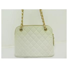 Chanel-VINTAGE CHANEL QUILTED CAVIAR LEATHER SHOPPING HAND BAG PURSE-Cream