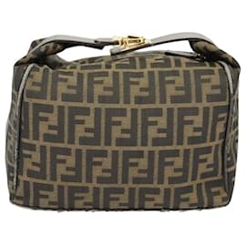 Fendi-FENDI Zucca Canvas Hand Bag Brown Black gold Auth ep6483-Brown,Black,Golden