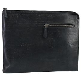 Berluti Calligraphy Clutch Bag Leather Black Auth fm4111 Black