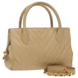 Chanel-CHANEL V Stitch Hand Bag Leather 2way Beige Gold CC Auth bs19426-Beige,Golden