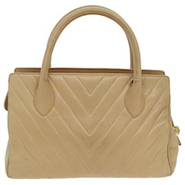 Chanel-CHANEL V Stitch Hand Bag Leather 2way Beige Gold CC Auth bs19426-Beige,Golden