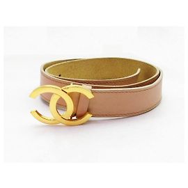 Cinto Chanel de couro marrom claro Dourado Castanho claro