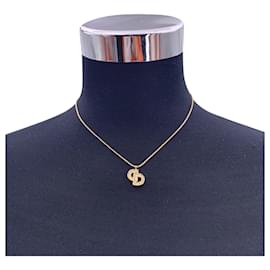 Dior-Christian Vintage Gold Metal Crystal CD Pendant Chain Necklace-Golden