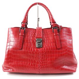 Bottega Veneta Medium Roma Bag Crocodile Handbag Red