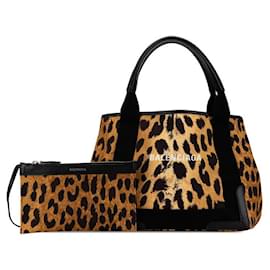 Balenciaga-Balenciaga Leopard Canvas Leather Handbag-Brown