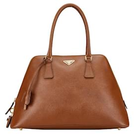Prada-Prada Saffiano Leather Triangle Logo Handbag-Brown